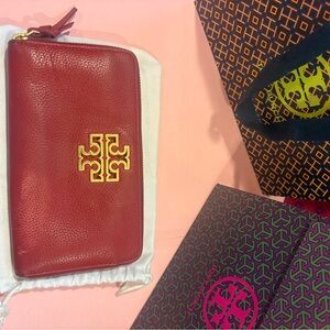 Tory Burch Burgundy Leather Wallet with Gold Logo